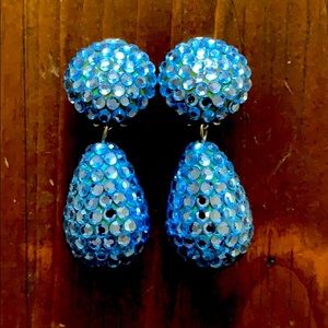 Blue Rhinestone Clip Earrings